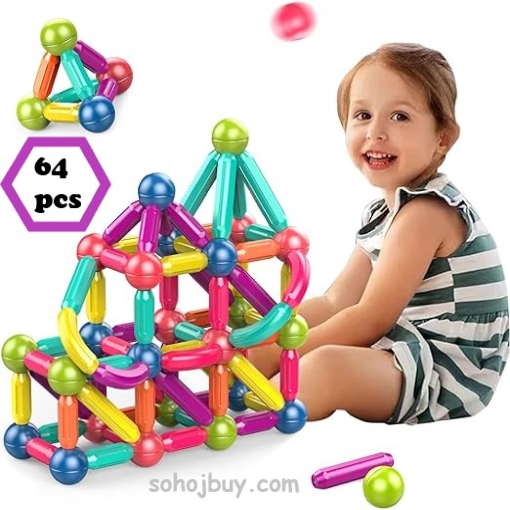 64 PCS Magnetic Stick 3D Building Blocks Magnetic Stick DIY Blocks Game Magnets Set Educational Toy Brain Puzzle Stacking Blocks DIY Education Toys for Boy Girl Gift